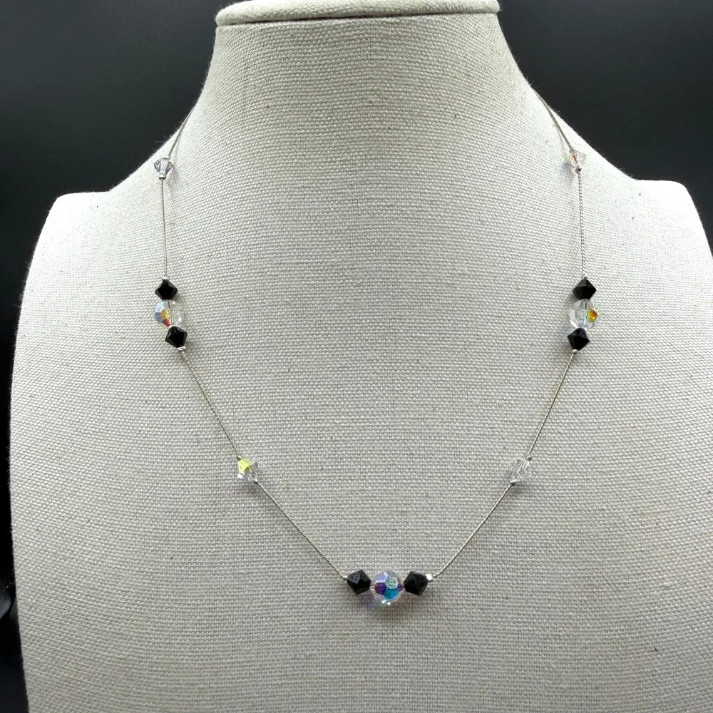Black Clear AB Crystal Beaded Silver Tone Necklace Minimalist Y2K Sparkle Gift